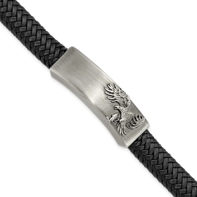 Stainless Steel & Black Leather Antiqued Eagle I.D. Bracelet, 8.5 Inch