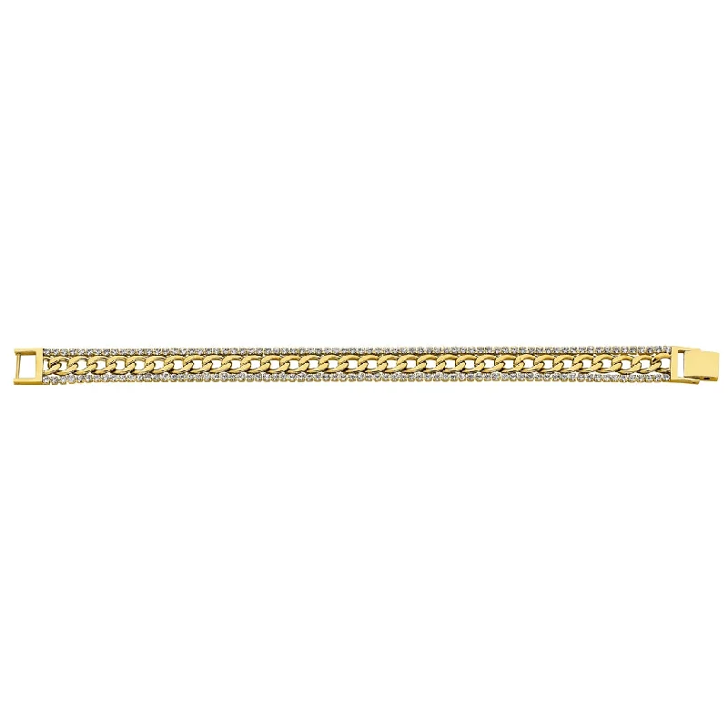 Stainless Steel Gold Coloured Curb & Crystal Tennis Bracelet