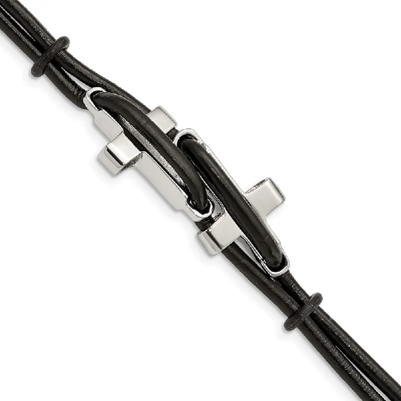 Men's Black Leather and Stainless Steel Cross 8.25 Inch Bracelet