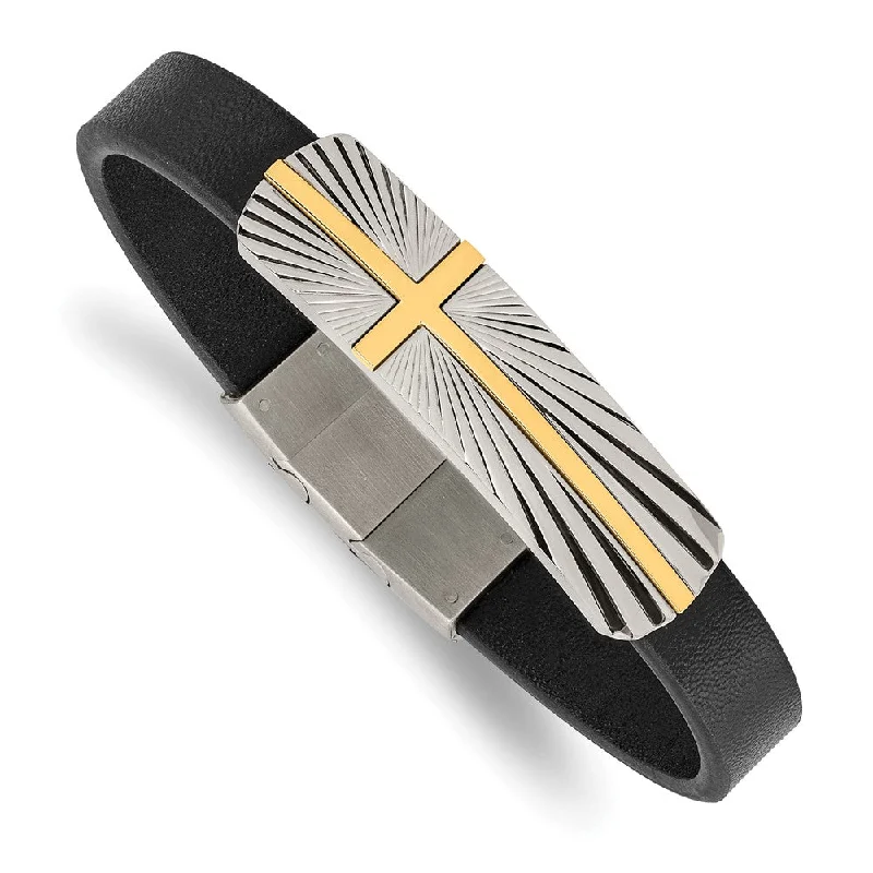 Stainless Steel Gold Tone Black Leather Cross I.D. Bracelet, 8-8.5 In