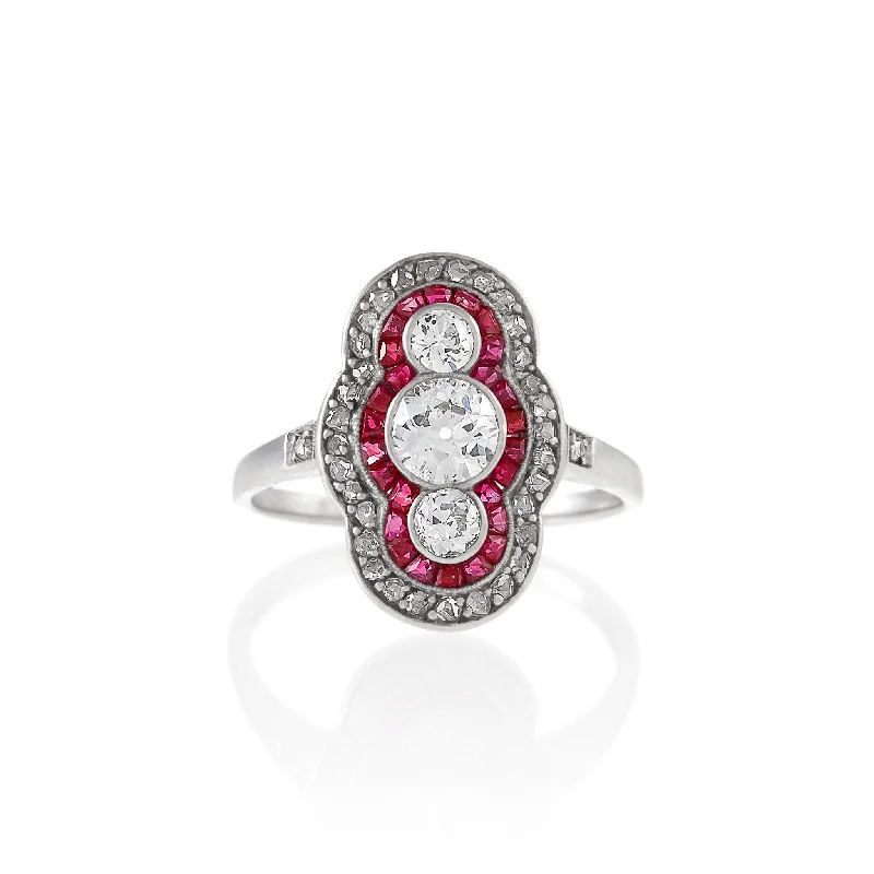 Ruby and Three-Stone Diamond Shield Ring