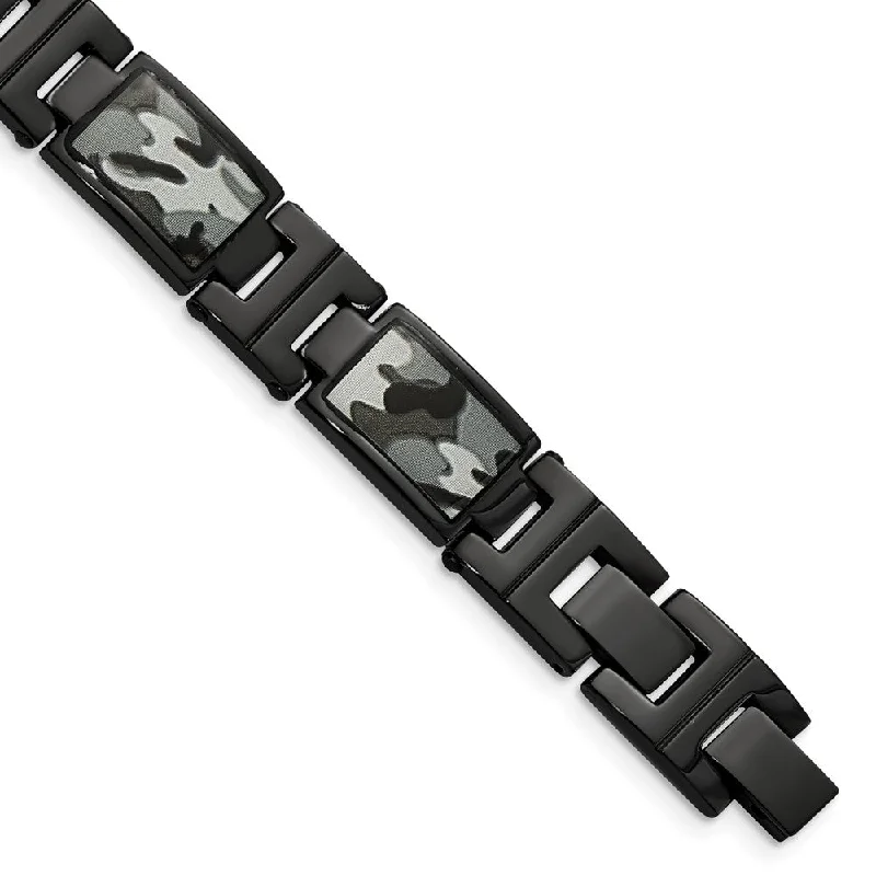 13mm Black Plated Stainless Steel, Camo & Enamel Link Bracelet, 8.5 In