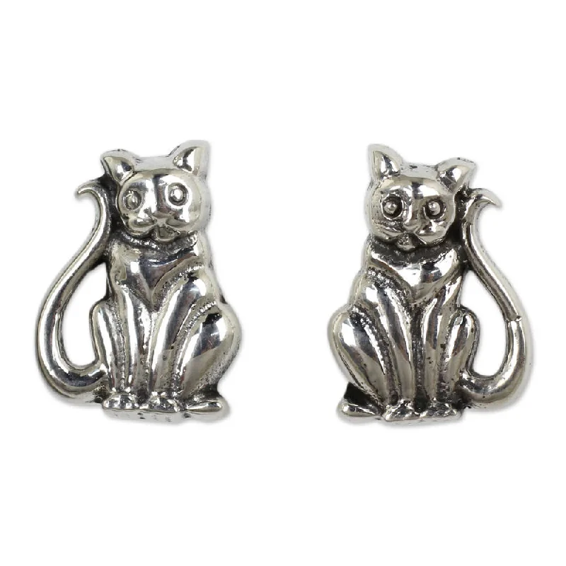 NOVICA Handmade Sterling Silver 'Contented Kittens' Earrings (Thailand)