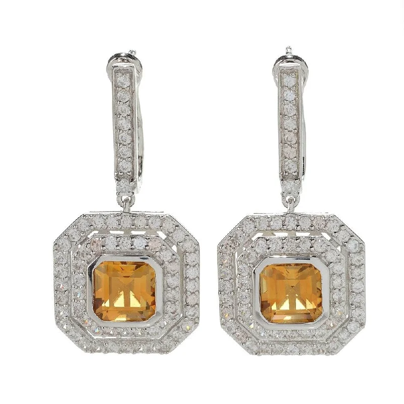 Sterling Silver Asscher Cut Honey Citrine Double Halo Drop Earrings