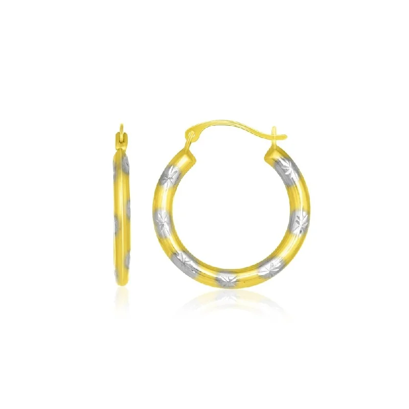 10k Two-Tone Gold Textured Diamond Cut Hoop Style Earrings