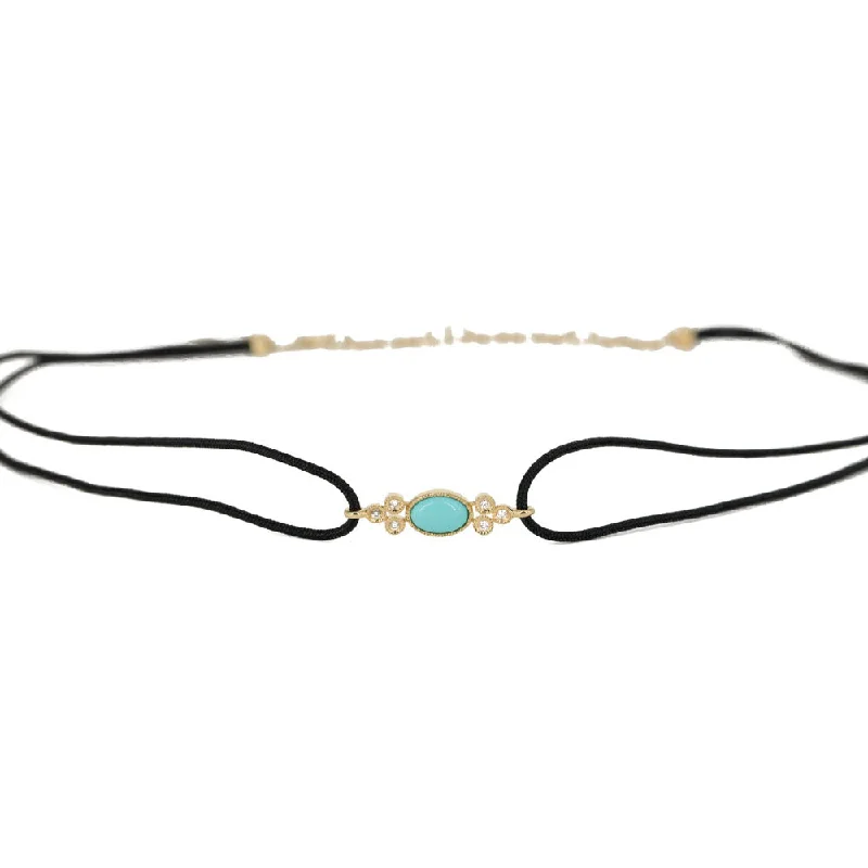 14KT Yellow Gold Bezel Set Diamond and Turquoise Choker on Leather Cord