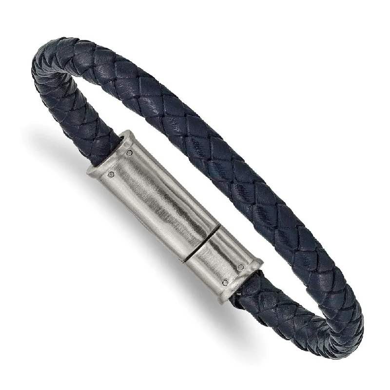 6.5mm Stainless Steel & Navy Blue Braided Leather Bracelet, 8.25 Inch