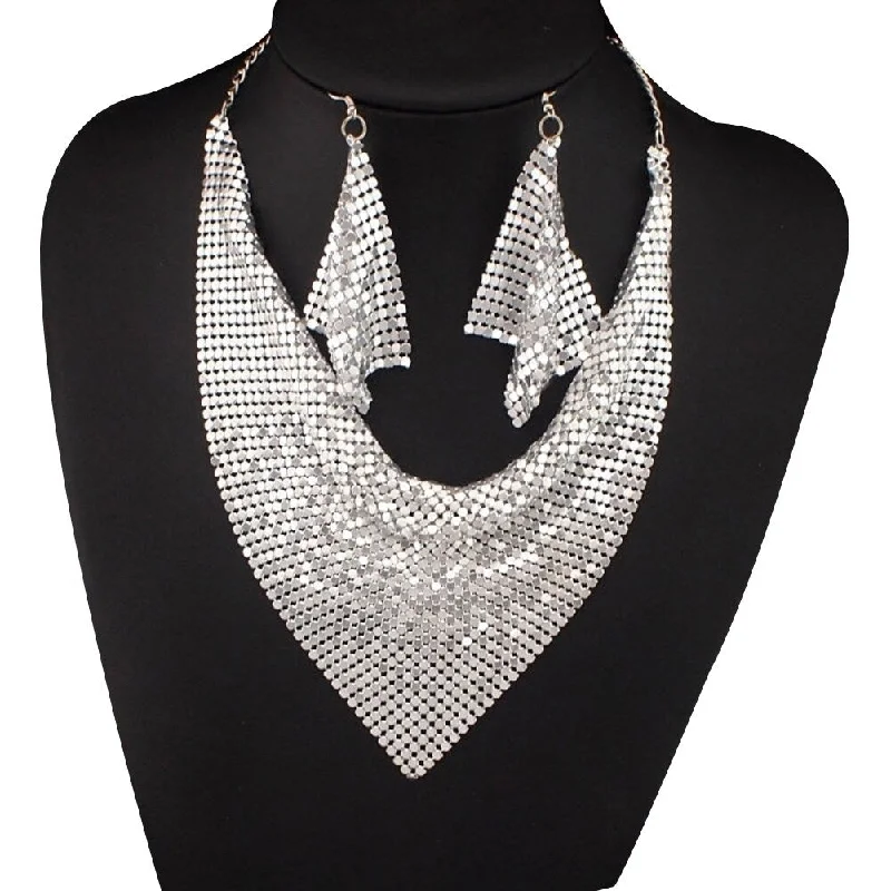 2Pcs Women Triangular Scarf Sequins Charm Statement Bib Necklace Earrings - no