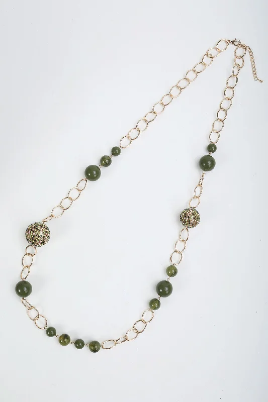 Bead & Chain Long Necklace in Green