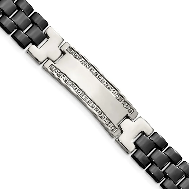 Mens 14mm Stainless Steel, Black Ceramic, Diamond I.D. Bracelet 8.75in