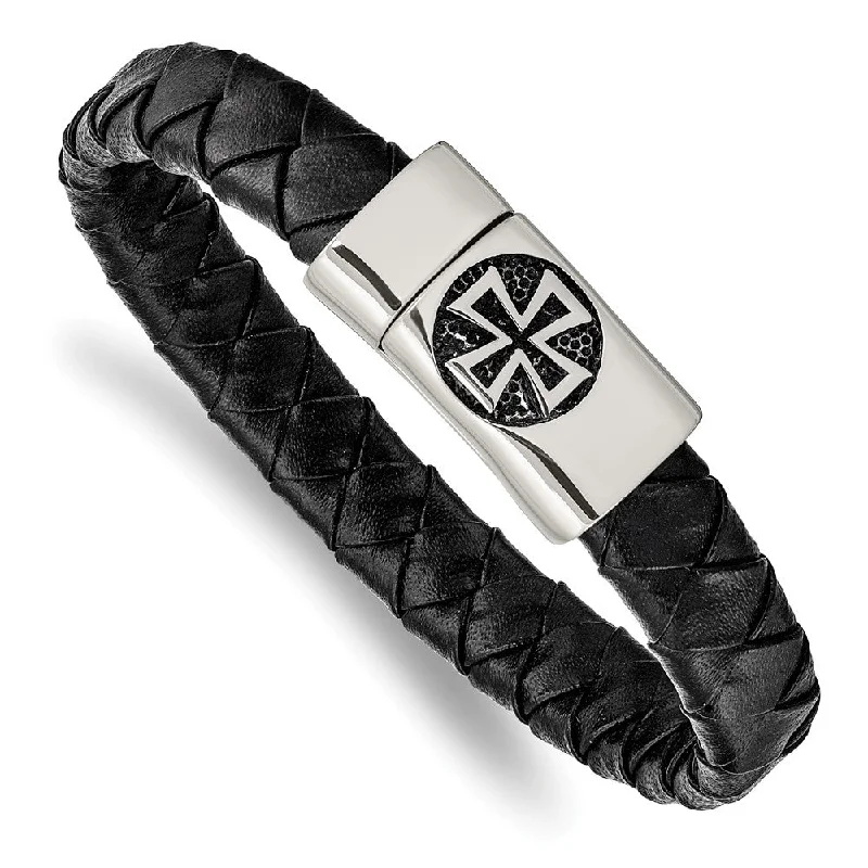 Stainless Steel Black Leather Braided Maltese Cross Bracelet, 8.5 Inch