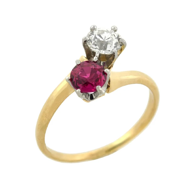 Edwardian 14kt/Platinum "Moi et Toi" Diamond + Ruby Sapphire Bypass Ring