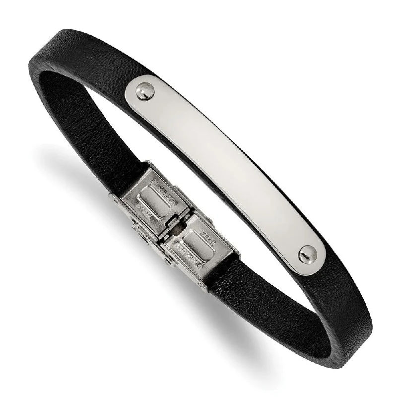 Men's Stainless Steel 8mm Black Leather I.D. Bracelet, 8.5 Inch