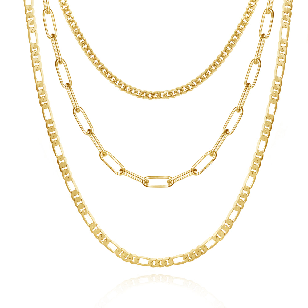 Dainty 14K Gold Layered Necklaces- Cuban+3mm Paperclip+Figaro