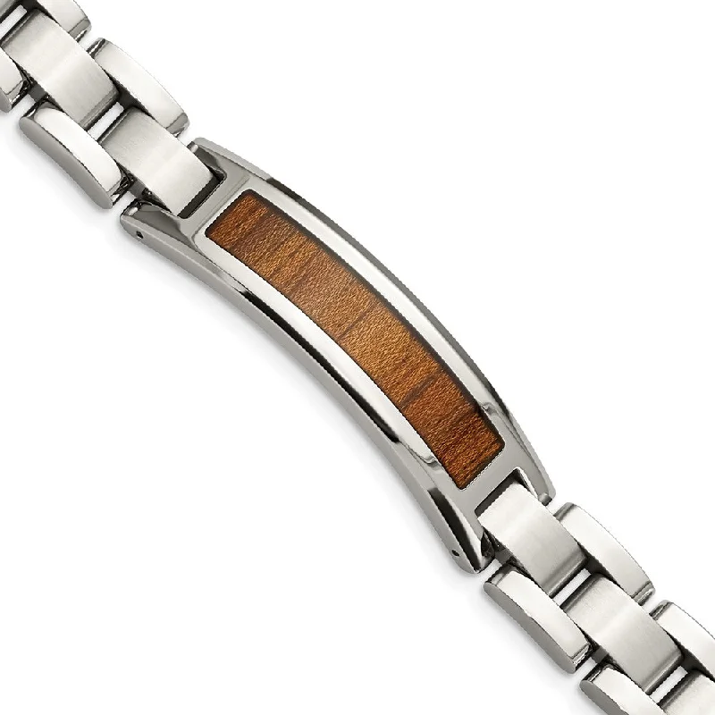 12mm Stainless Steel Enamel Brown Koa Wood I.D. Link Bracelet, 8.5 In