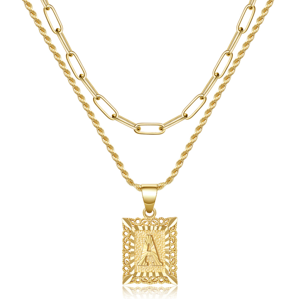 14K Gold Plated Layered Square Initial Letter Pendant Twist Rope Chain Necklace