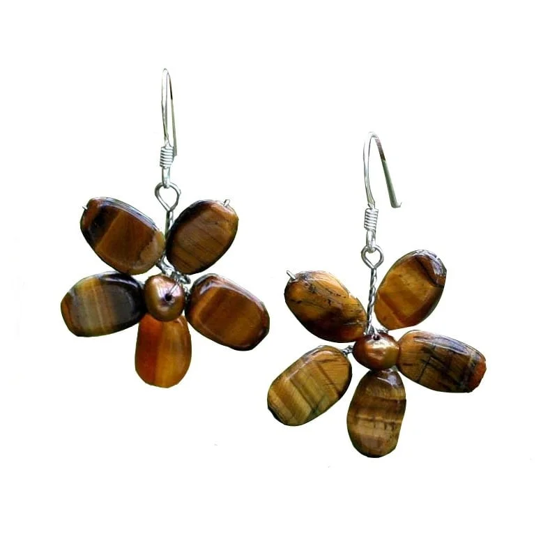 Pearl and Tiger's Eye 'Paradise' Flower Earrings