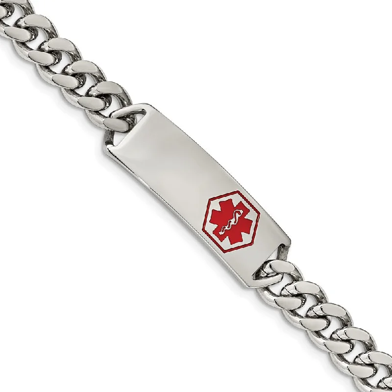 Men's Stainless Steel Red Enamel Medical I.D. Curb Bracelet, 8 Inch