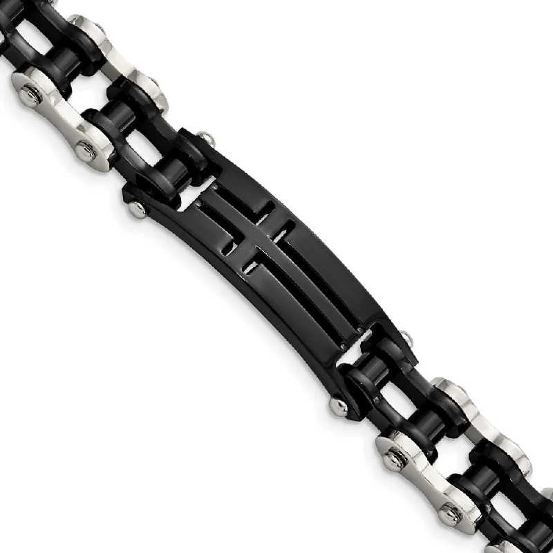 Stainless Steel & Black Plated Cross I.D. Bike Link Bracelet, 9 Inch