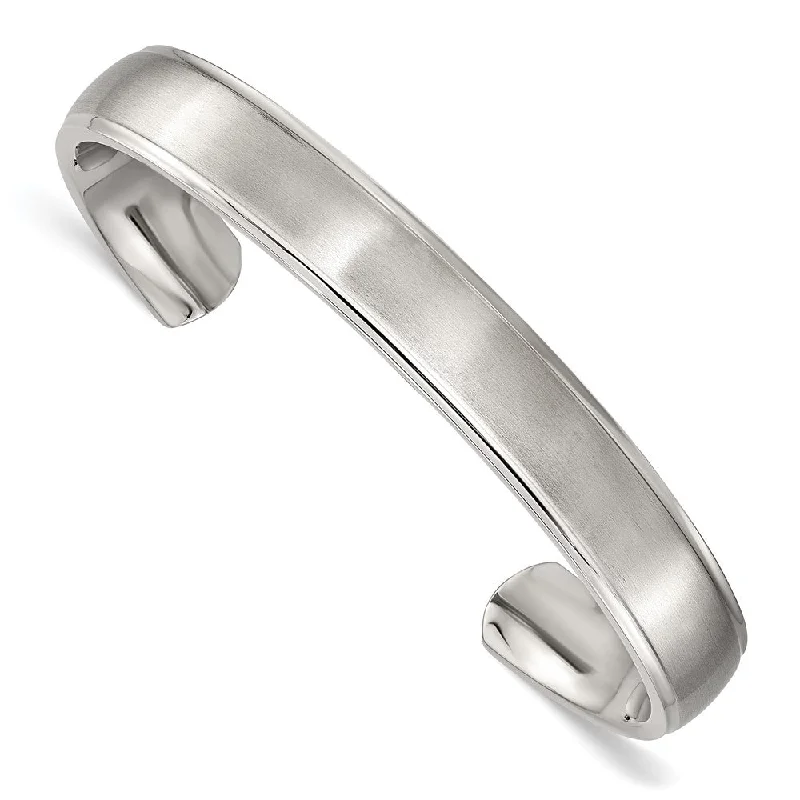 Men's Stainless Steel 11mm Flat Brushed Ridged Edge Cuff Bracelet