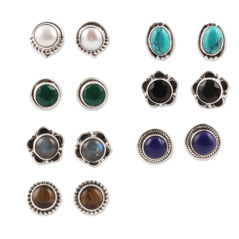 NOVICA Everyday Pairs, Gemstone stud earrings (set of 7) - 0.9*0.9