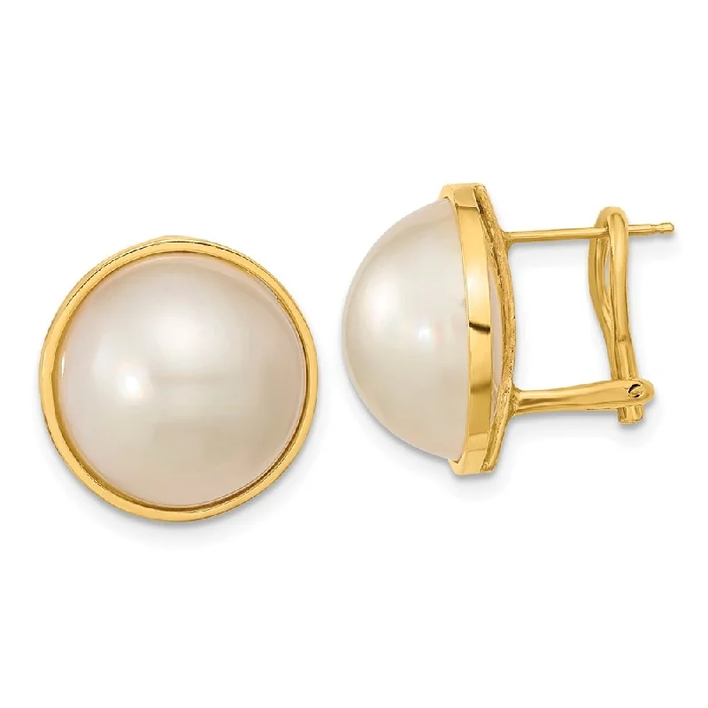 14k Yellow Gold White Mabe Freshwater Cultured Pearl Omega Back Earrings (L-14 mm, W-15 mm)