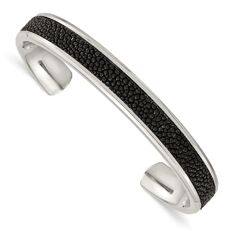 Men's 10mm Stainless Steel & Black Textured Leather Cuff Bracelet