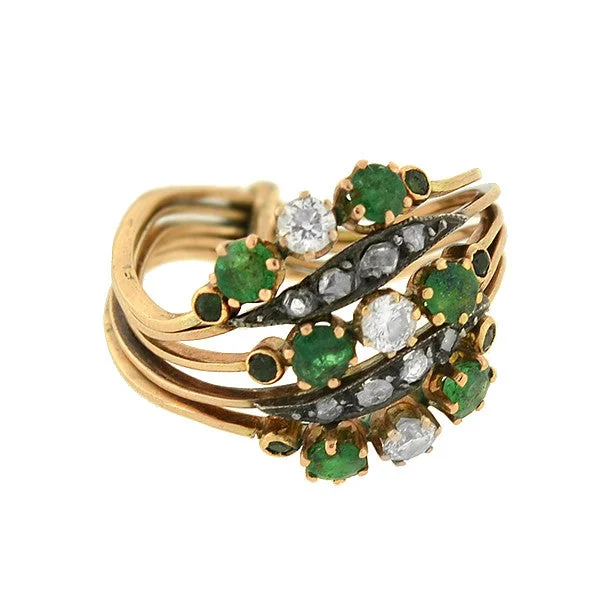 Late Victorian 14kt Emerald & Diamond Curvy Harem Ring