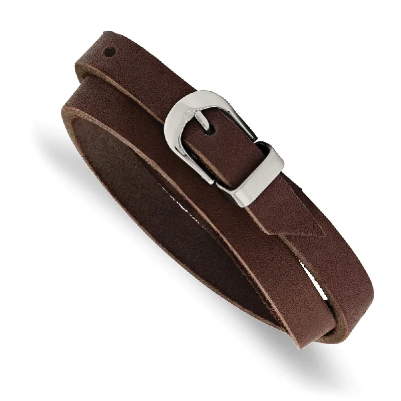 10mm Stainless Steel Brown Leather Adj. Wrap Bracelet, 8.0-8.5 Inch