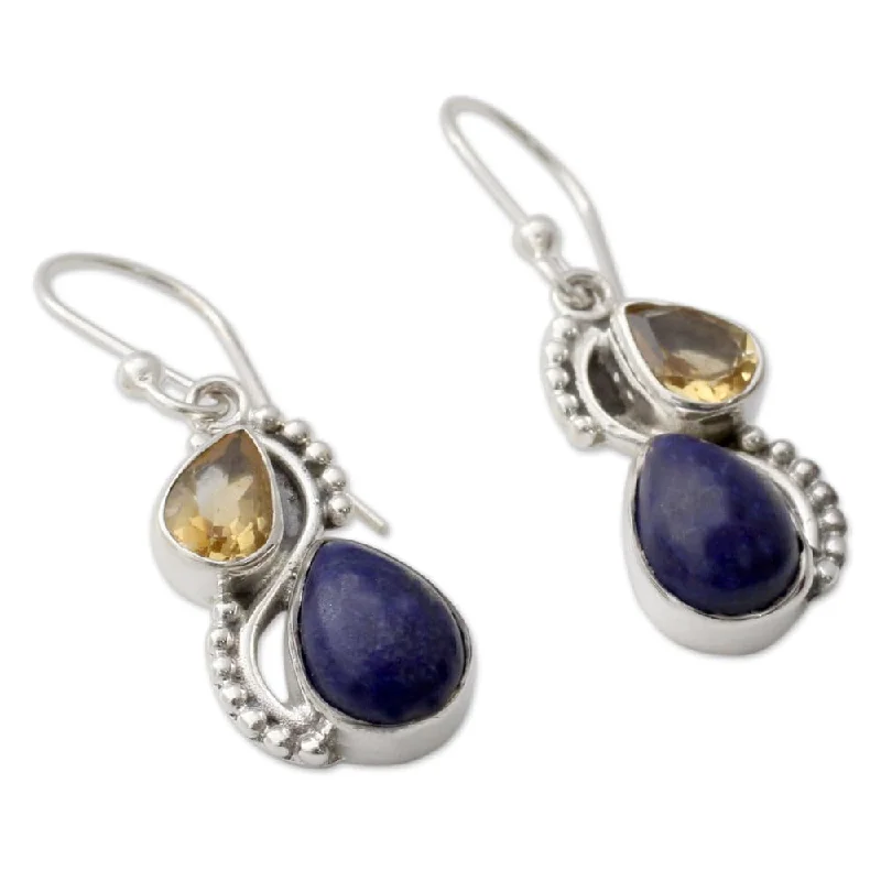 NOVICA Handmade Sterling Silver Two Teardrops Lapis Lazuli Citrine Earrings (India)