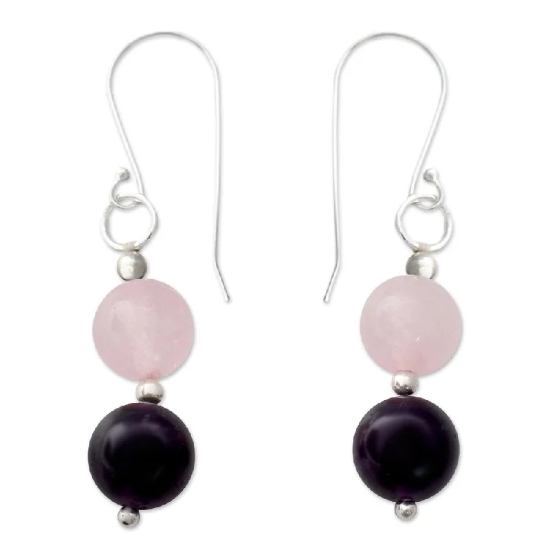 Handmade Sterling Silver 'Dreamy Affair' Amethyst Rose Quartz Earrings (India) - 1.6*0.3