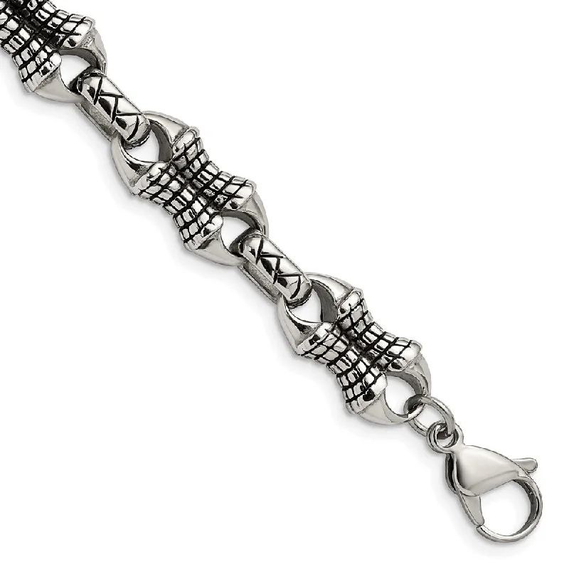 13mm Stainless Steel Antiqued & Textured Chain Link Bracelet, 8.75 In