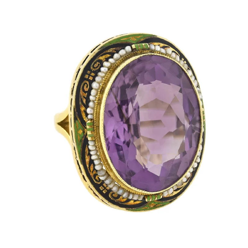 Art Deco Large 14kt Enameled Amethyst + Seed Pearl Ring