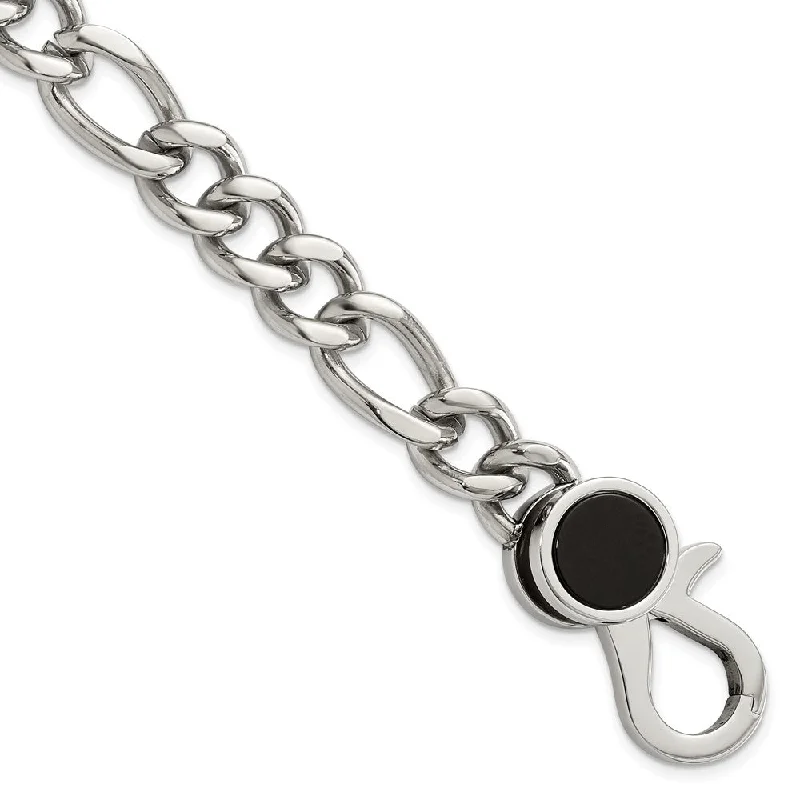 Men's Stainless Steel & Black Agate Fancy Figaro Chain Bracelet, 8 In