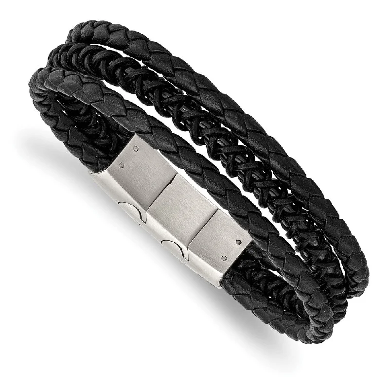 Two Tone Stainless Steel Black Leather Adj. Strand Bracelet, 7.5-8 In