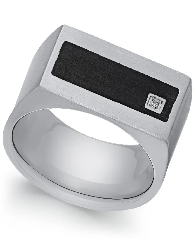 Men's Stainless Steel Cubic Zirconia and Black Enamel Ring