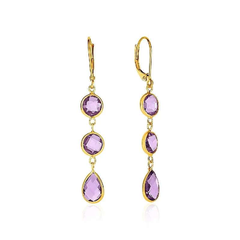 Drop Earrings with Round and Pear-Shaped Amethysts in 14k Yellow Gold