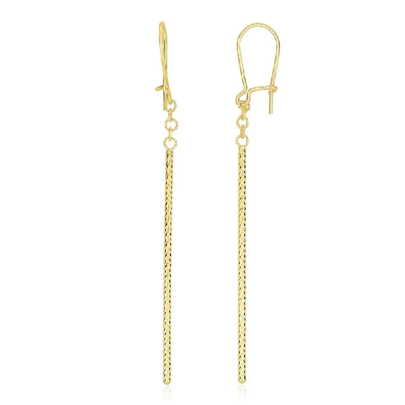 14k Yellow Gold Long Bar Diamond Cut Drop Earrings