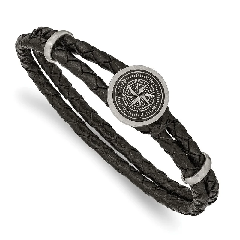 Stainless Steel & Black Leather Lasered Compass Bracelet, 8.5 Inch