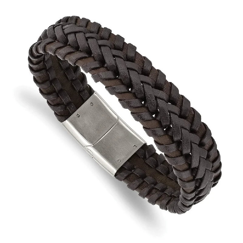 17.5mm Stainless Steel Two Tone Brown Leather Braided Bracelet, 8.5 In