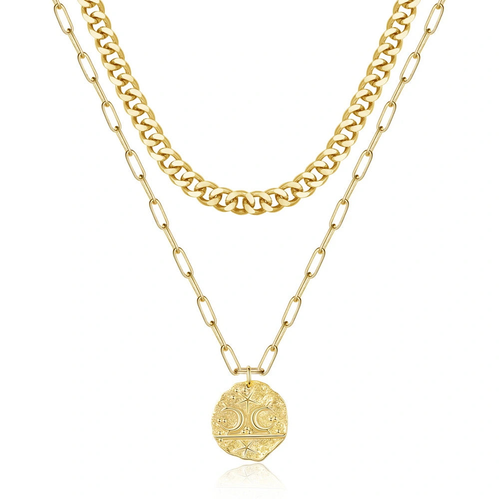 14K Gold Layered Moon Star Medallion Pendant Necklace for Women