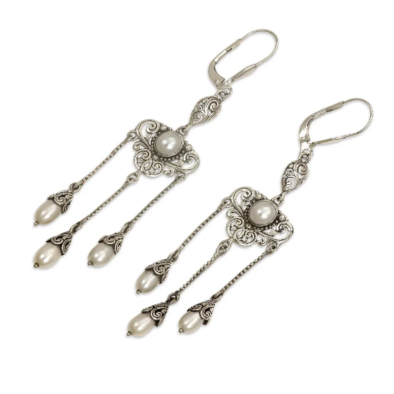 NOVICA Moonlight Waltz, Cultured pearl chandelier earrings - 3.1L*0.7W