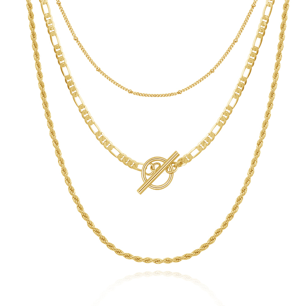 Dainty 14K Gold Layered Necklaces- Satellite+Figaro+Rope Chain