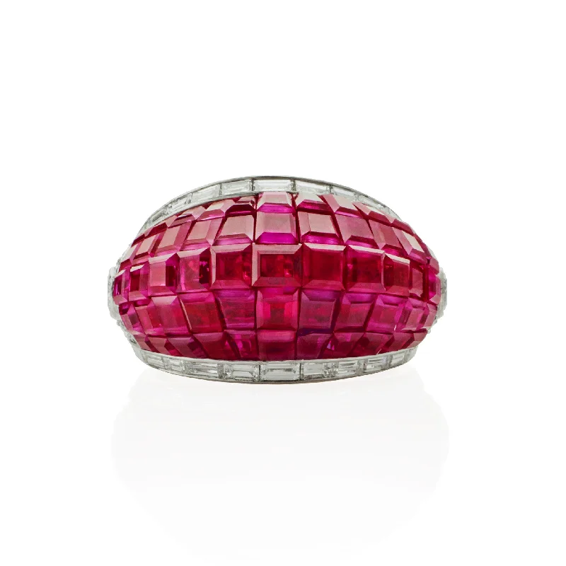 French Invisibly-Set Ruby and Diamond Bombé Ring