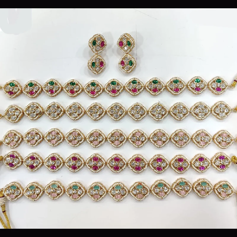 JCM Gold Plated Gold Plated Polki Kundan And Pearls Choker Necklace Set