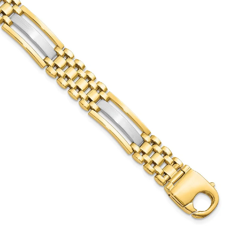 Men's 9.25mm 14k Two Tone Gold Polished & Satin Link Bracelet, 8.5 In