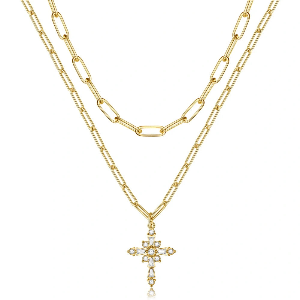 Dainty 14K Gold Layered Cross Pendant Necklace- Paperclip Cross