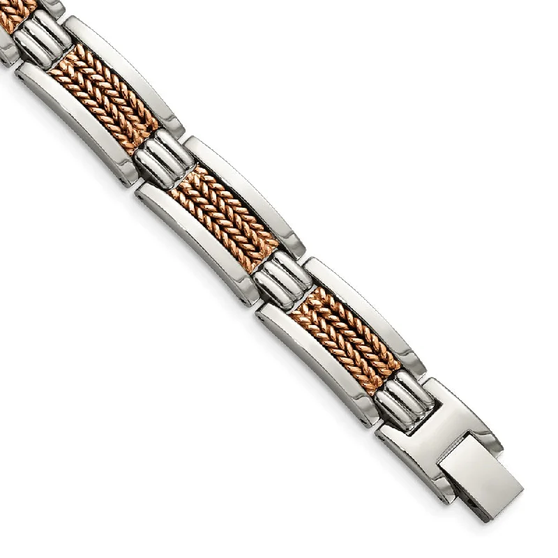 11.5mm Stainless Steel Polished & Rose Tone Plated Bracelet, 8.5 Inch