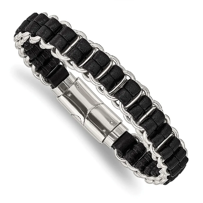 12mm Stainless Steel & Black Leather Woven Dbl Link Bracelet, 8.5 Inch