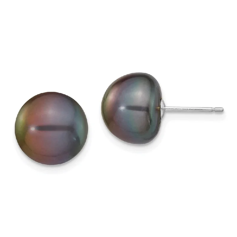 14k White Gold Black Button Cultured Pearl Stud Earrings (L-10 mm, W-11 mm)